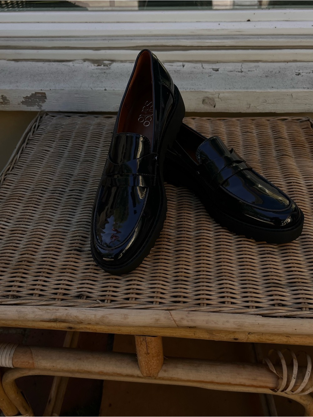 Franco Sarto Black Patent Penny Loafers with Gloss Finish